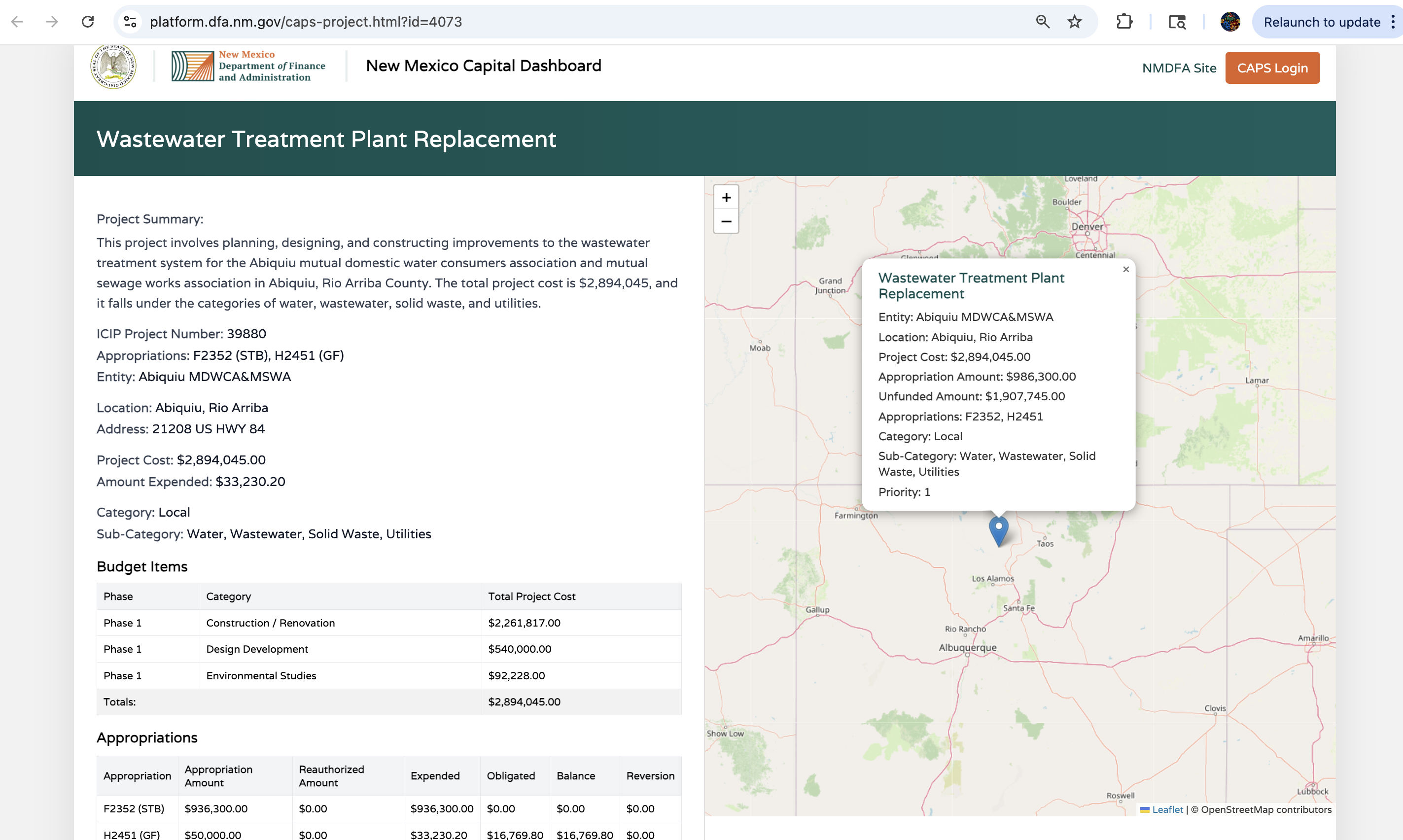 New Mexico DFA capital funding dashboard showing statewide project and funding data
