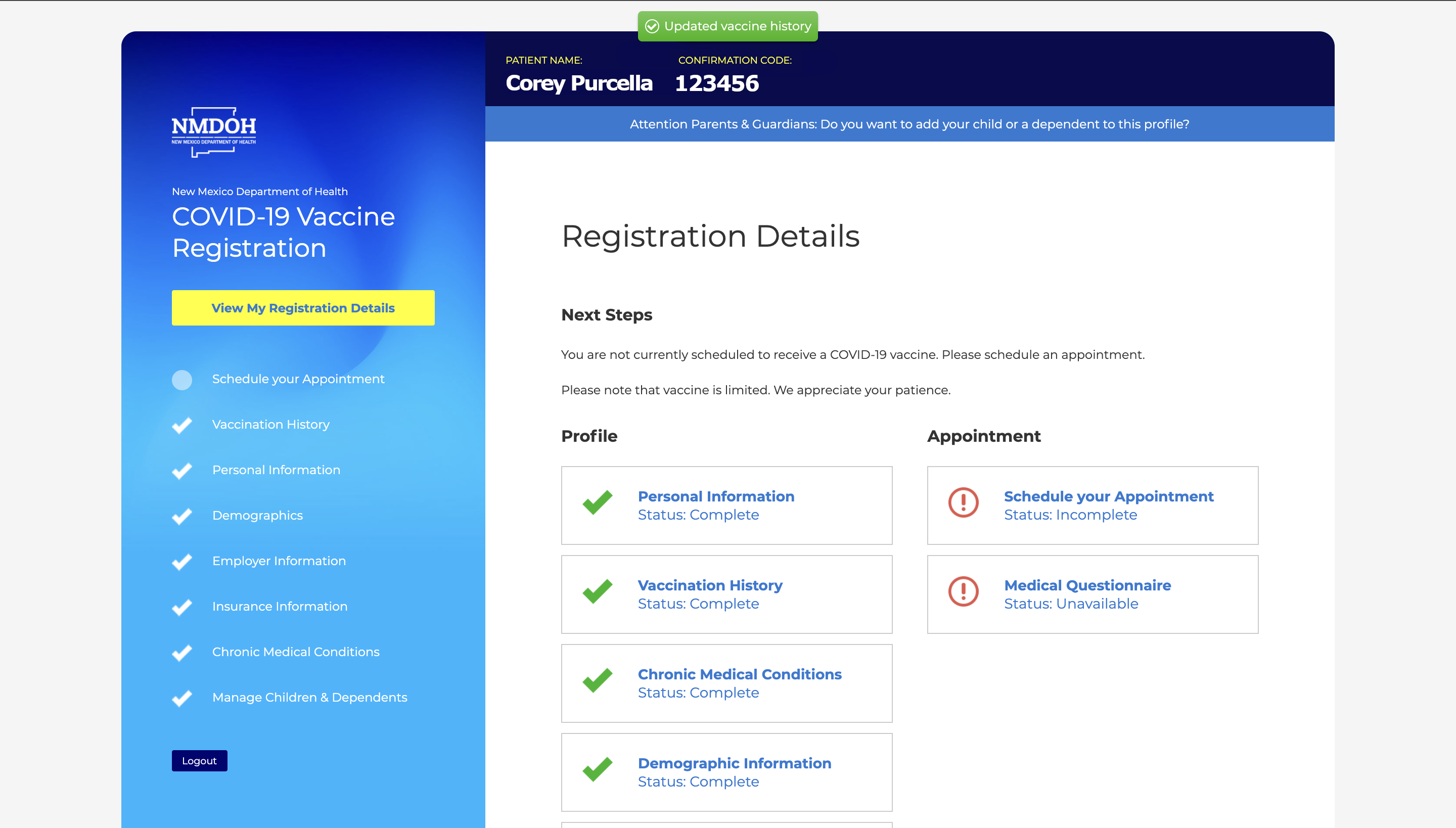 NM Vaccine Registration System registration and eligibility screen