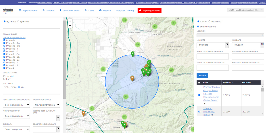 NM Vaccine Registration System mapping and outreach screen